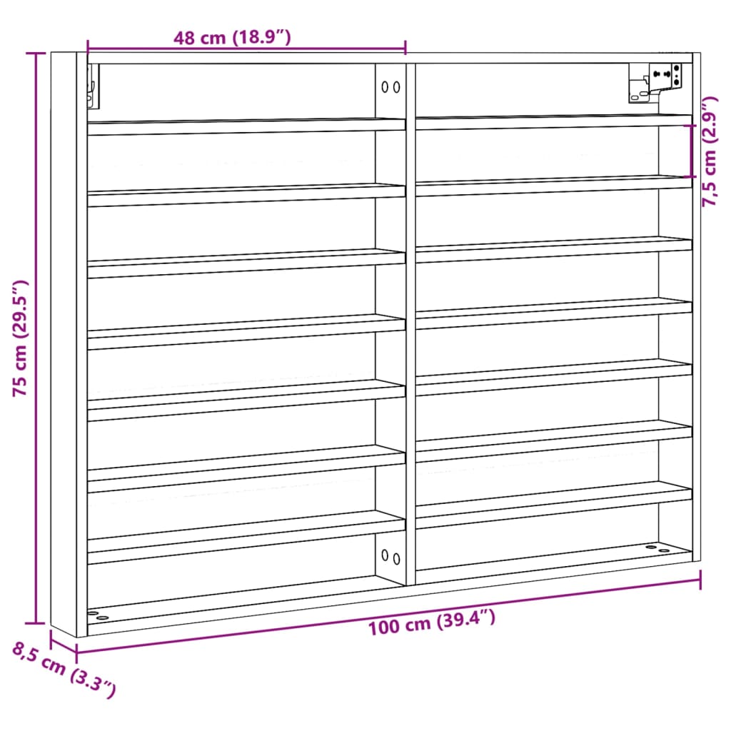 Armário vitrine 100x8,5x75 cm derivados de madeira cinza sonoma