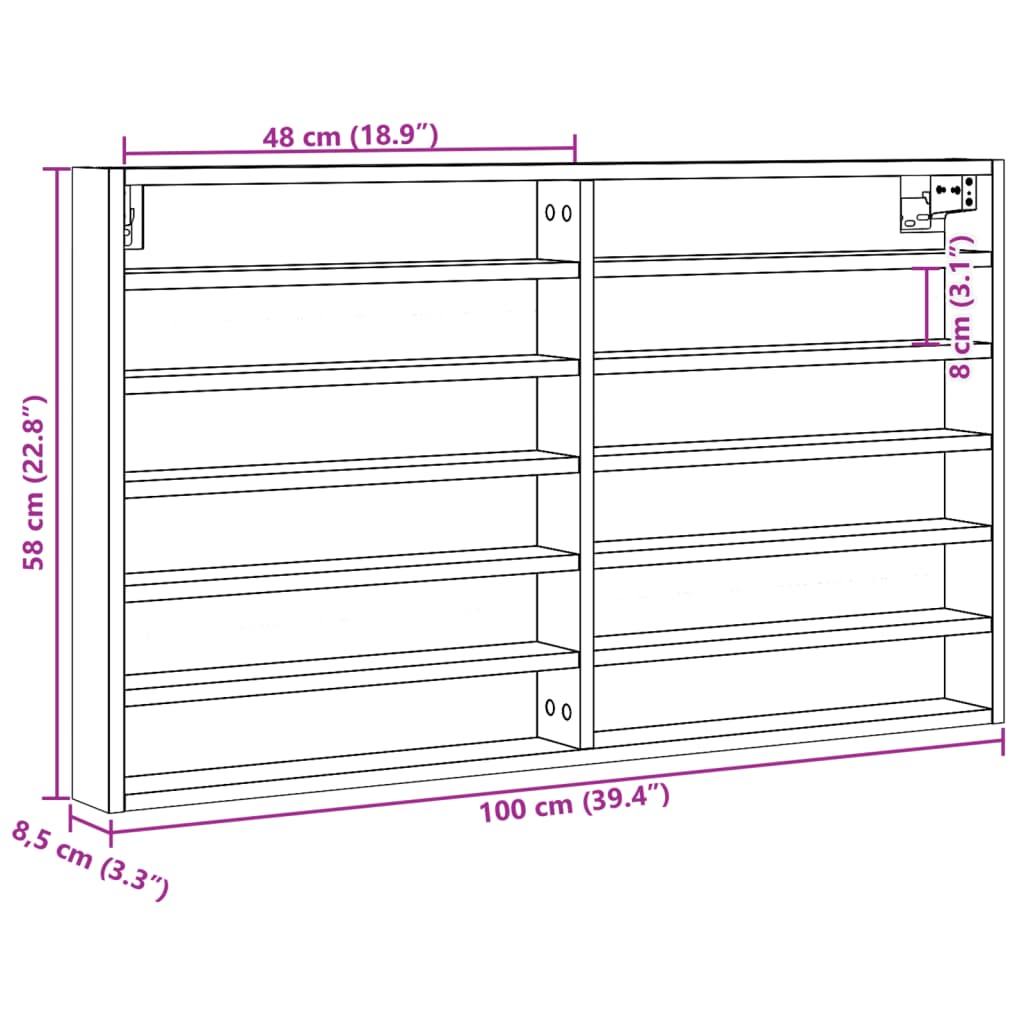 Armário vitrine 100x8,5x58 cm derivados de madeira cinza sonoma