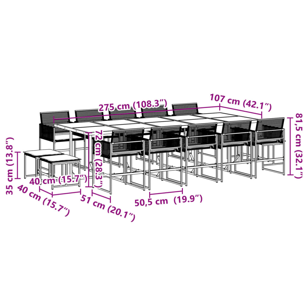 15 pcs conjunto de jantar p/jardim com almofadões vime PE preto