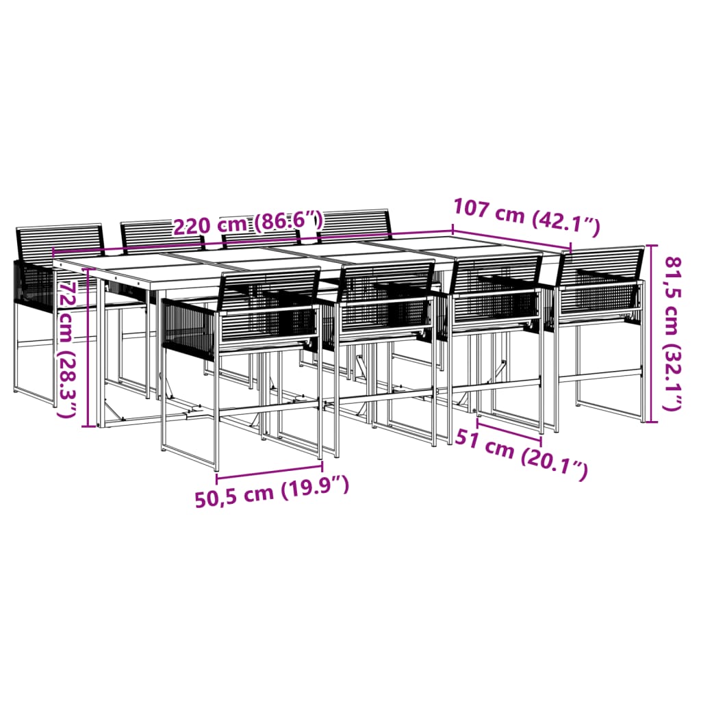 9 pcs conjunto de jantar p/ jardim c/ almofadões vime PE preto