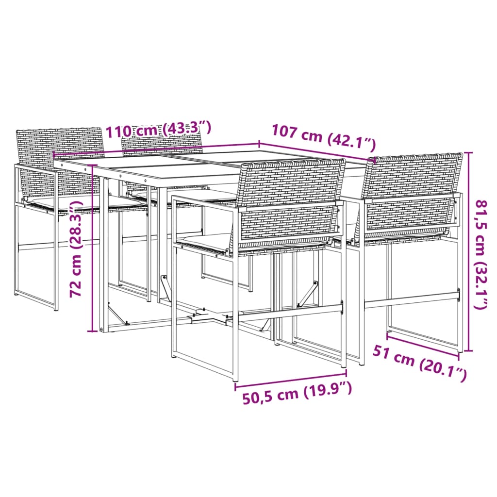 5 pcs conjunto de jantar p/ jardim c/ almofadões vime PE preto