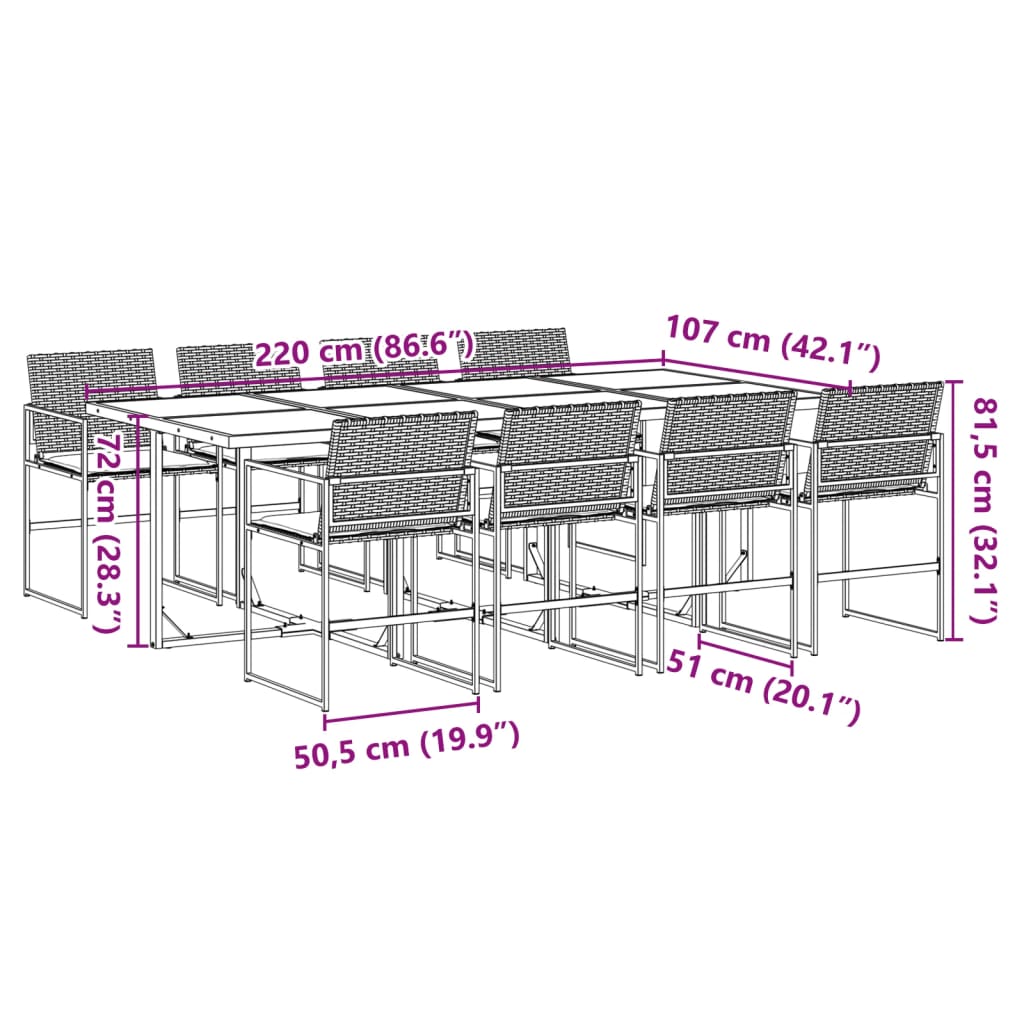 9 pcs conjunto de jantar p/ jardim c/ almofadões vime PE preto