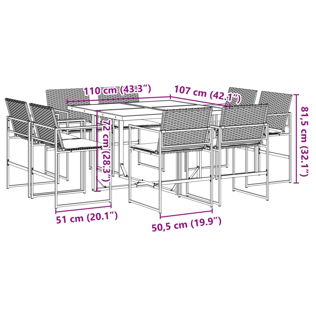 9 pcs conjunto de jantar p/ jardim c/ almofadões vime PE preto