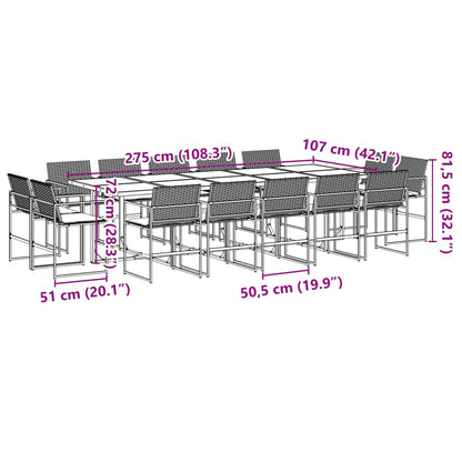 15 pcs conjunto de jantar p/jardim com almofadões vime PE preto