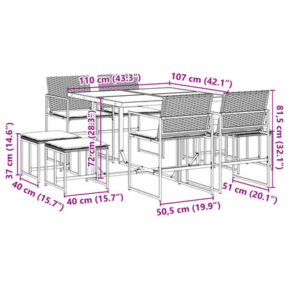 9 pcs conjunto de jantar p/ jardim c/ almofadões vime PE preto