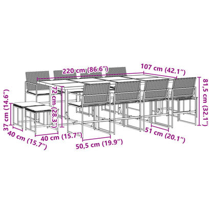 13 pcs conjunto de jantar p/jardim com almofadões vime PE preto