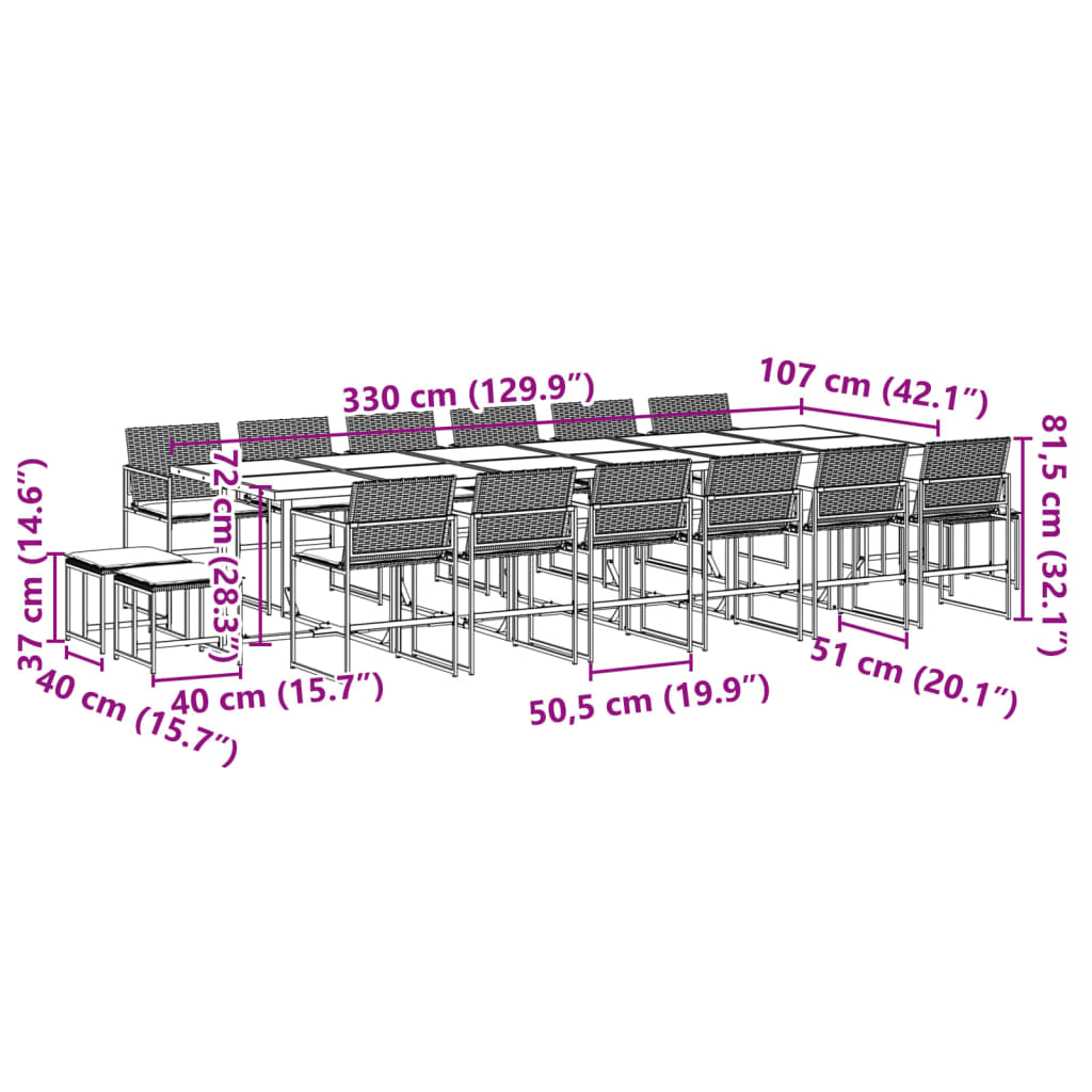 17 pcs conjunto de jantar p/ jardim c/ almofadões vime PE preto