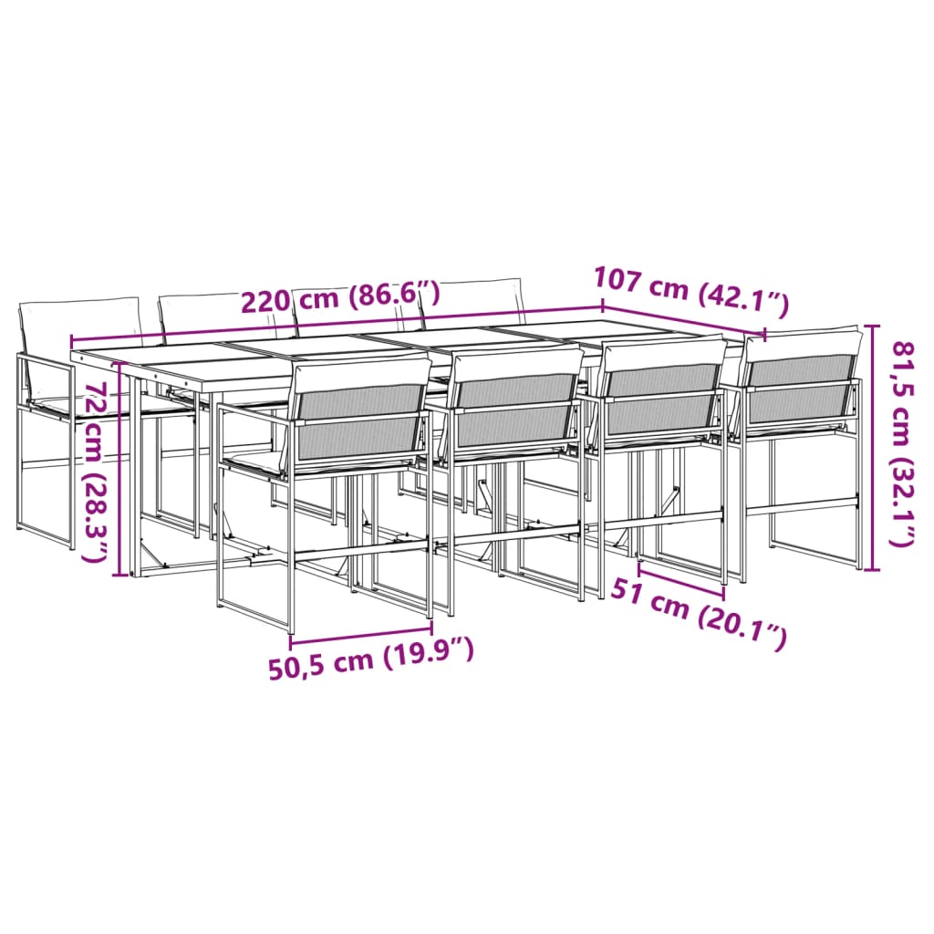 9 pcs conj. de jantar para jardim c/ almofadões textilene preto