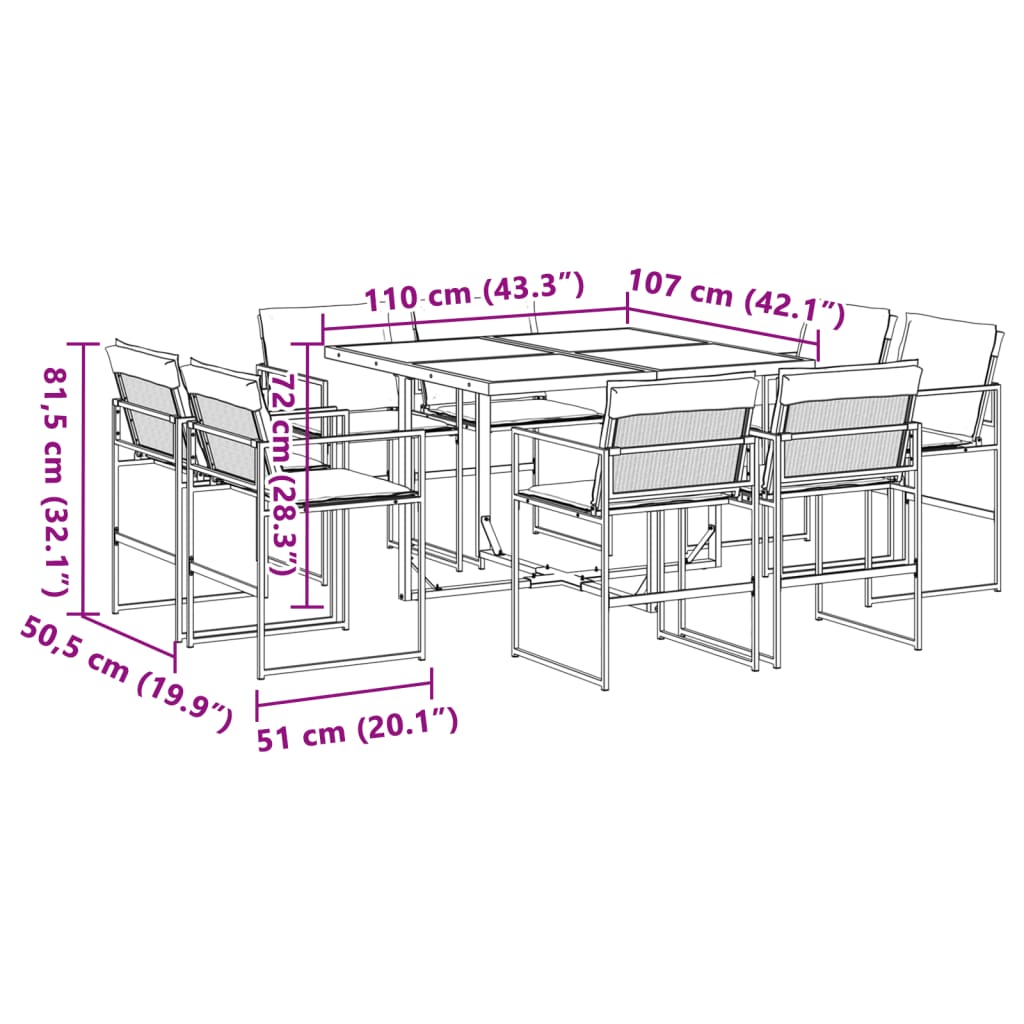 9 pcs conj. de jantar para jardim c/ almofadões textilene preto