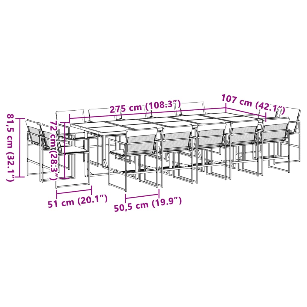 15 pcs conj. de jantar p/ jardim c/ almofadões textilene preto