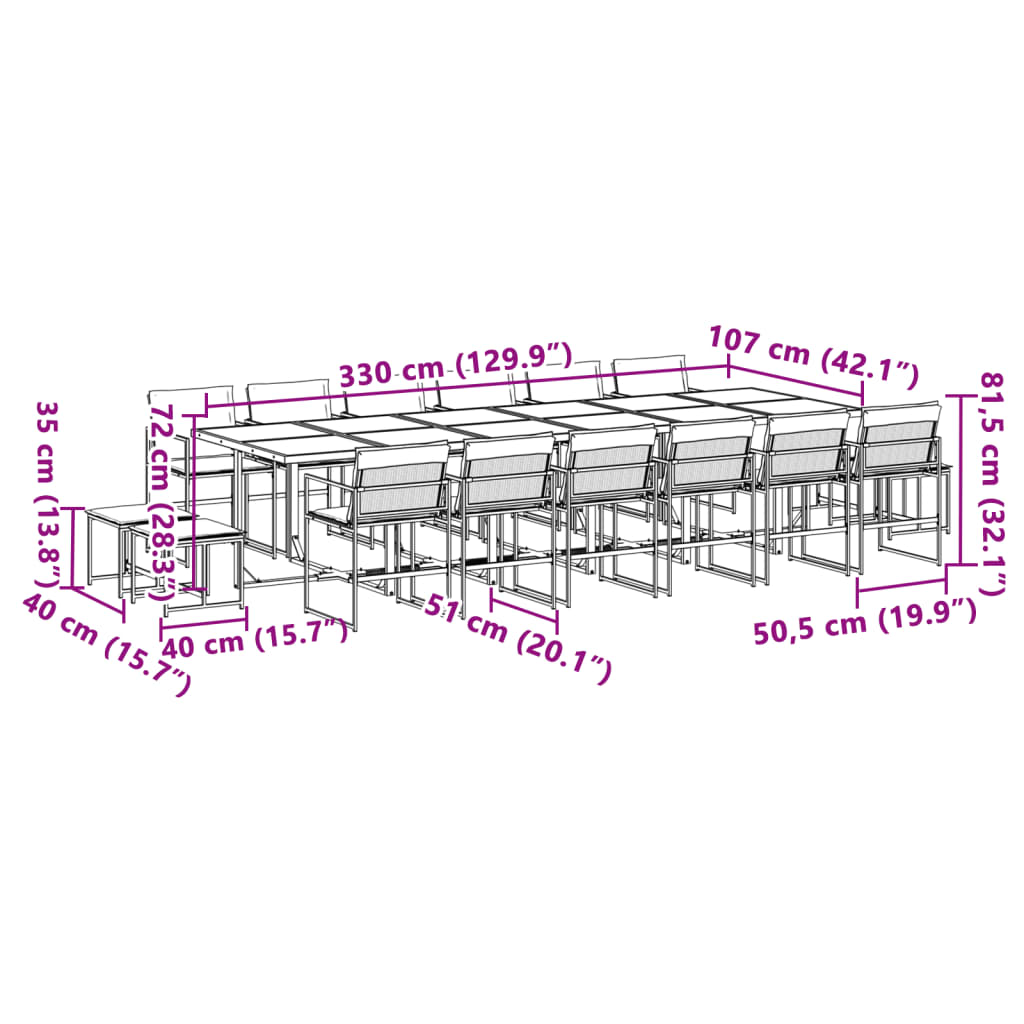 17 pcs conj. de jantar p/ jardim c/ almofadões textilene preto