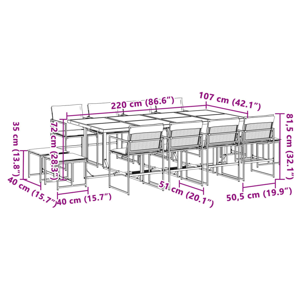 13 pcs conj. de jantar p/ jardim c/ almofadões textilene branco