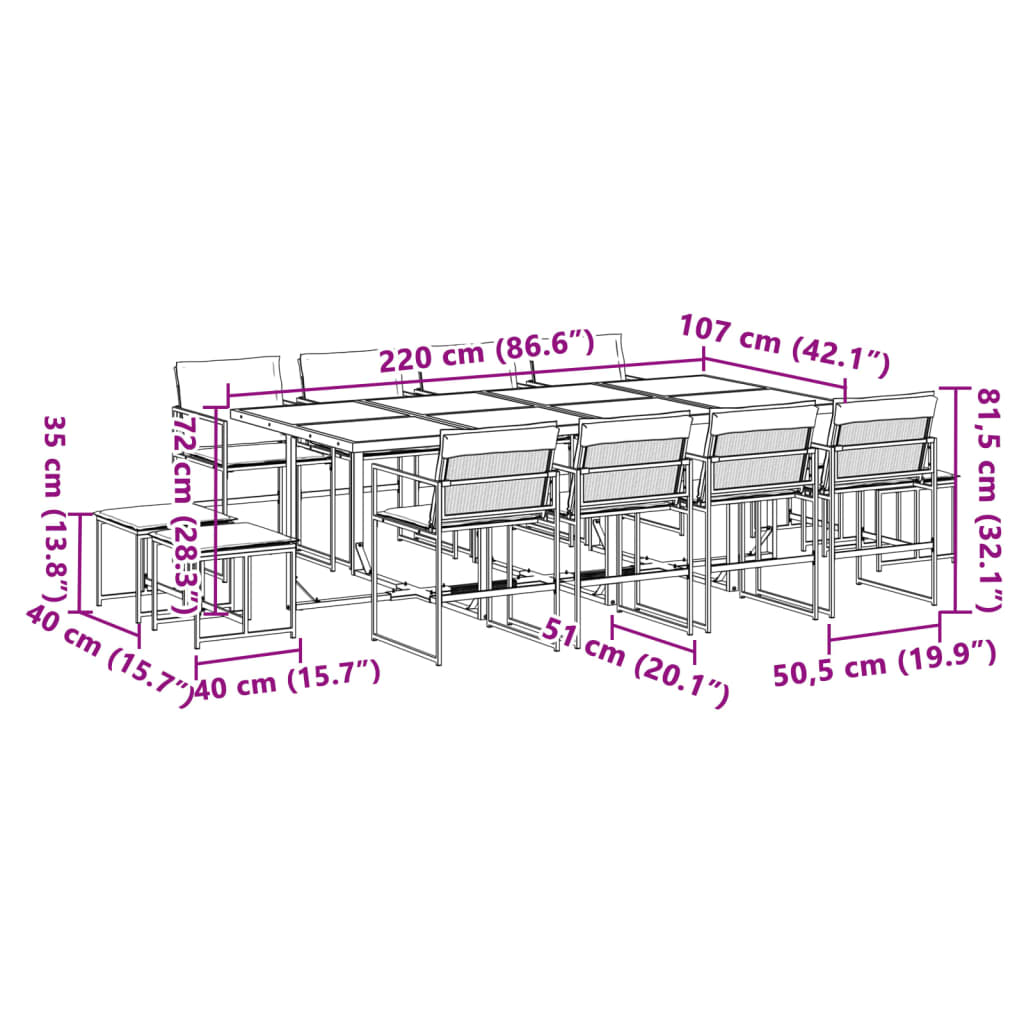 13 pcs conj. de jantar p/ jardim c/ almofadões textilene branco