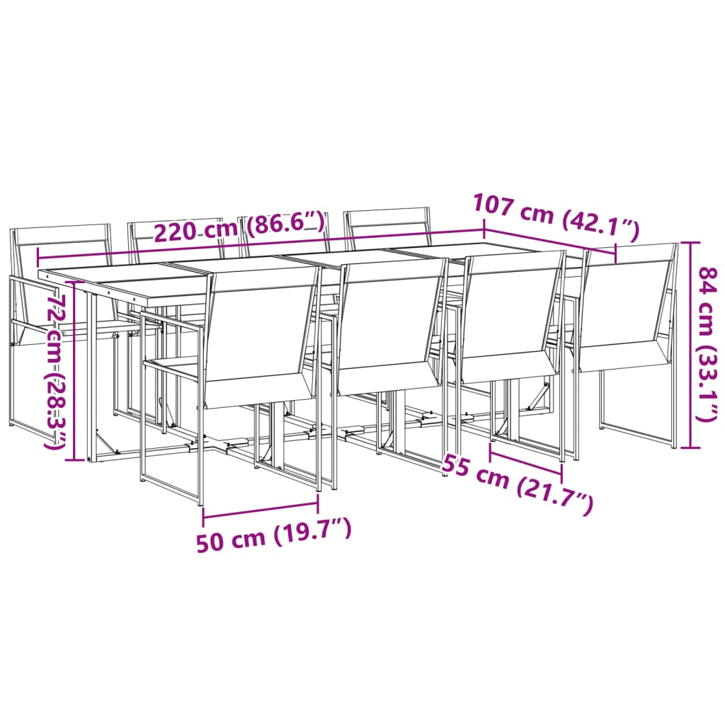 9 pcs conjunto de jantar para jardim textilene preto