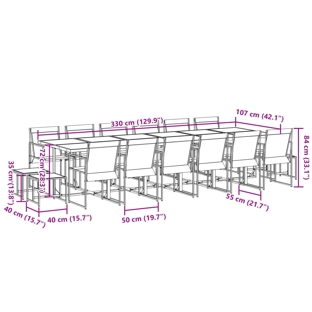 17 pcs conjunto de jantar para jardim textilene preto