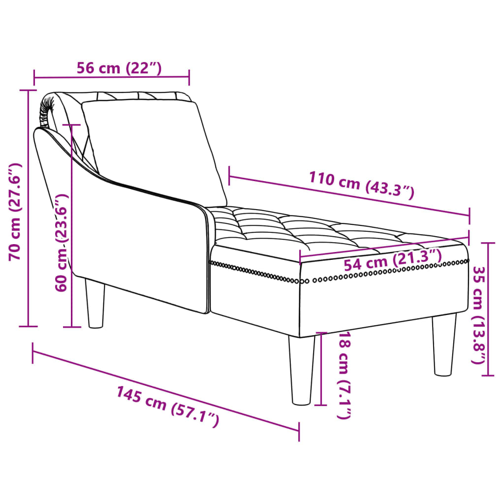 Chaise lounge c/ almofada/apoio de braços direito veludo rosa