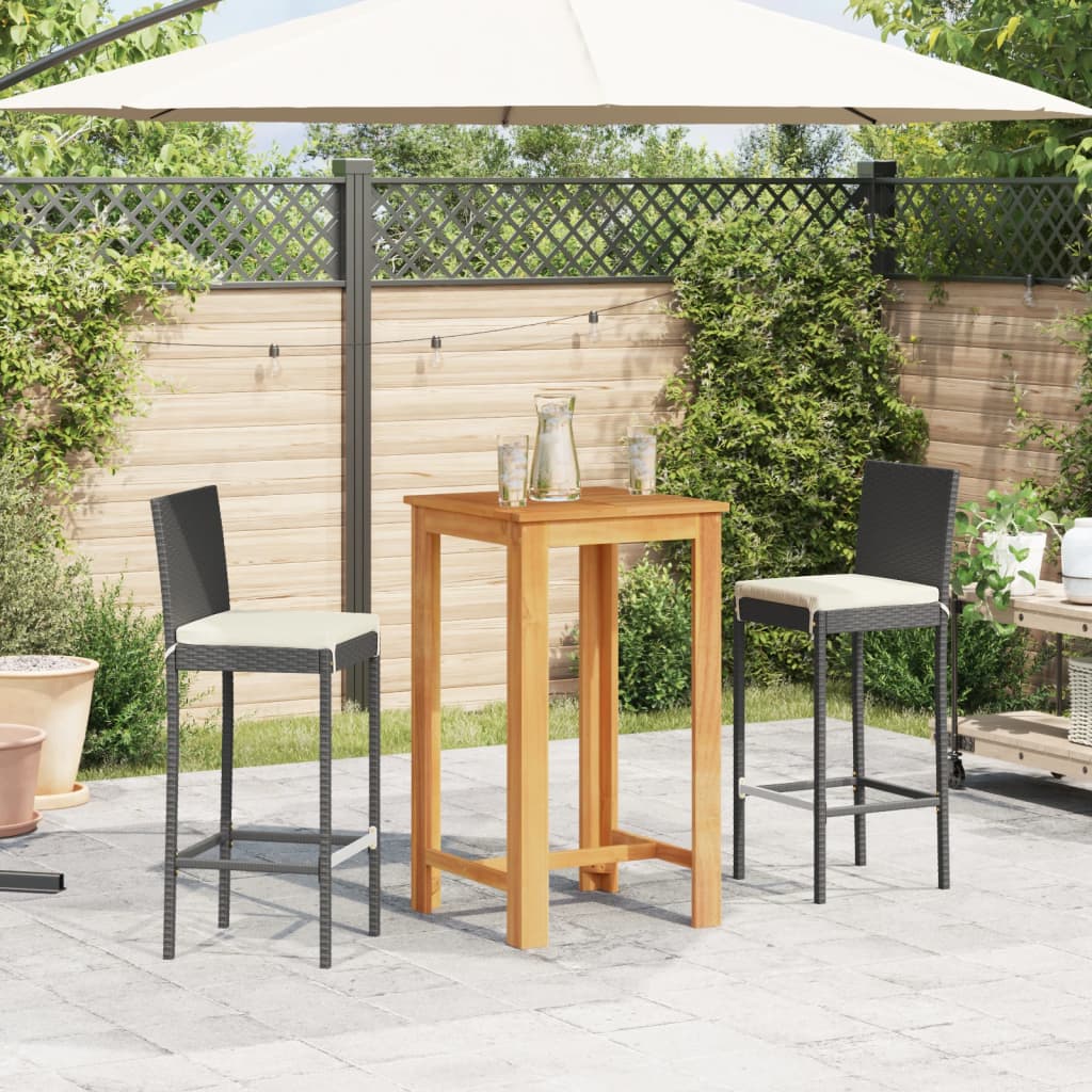 3 pcs conjunto de bar para jardim acácia maciça/vime PE preto