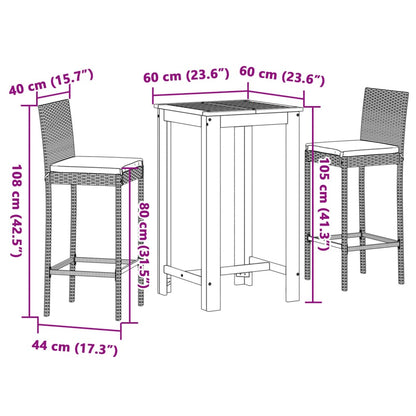 3 pcs conjunto de bar para jardim acácia maciça/vime PE preto