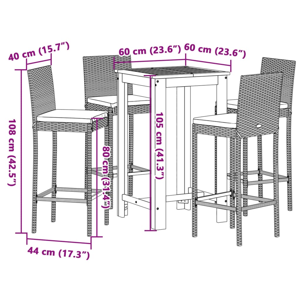 5 pcs conjunto de bar para jardim vime PE/acácia maciça preto