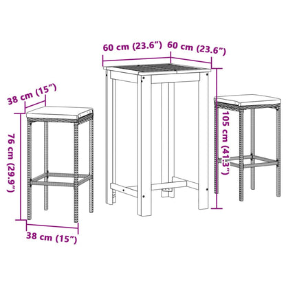 3 pcs conjunto de bar p/ jardim acácia maciça/vime PE castanho