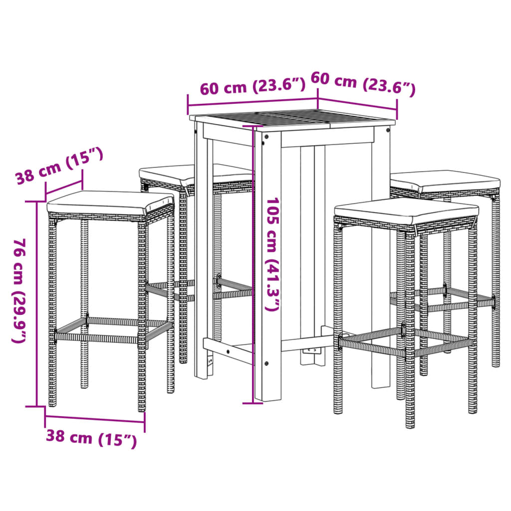 5 pcs conjunto de bar p/ jardim acácia maciça/vime PE castanho