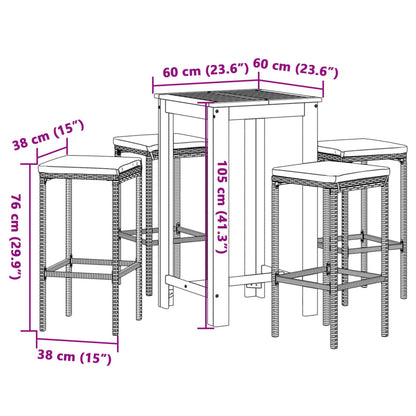 5 pcs conjunto de bar p/ jardim acácia maciça/vime PE castanho