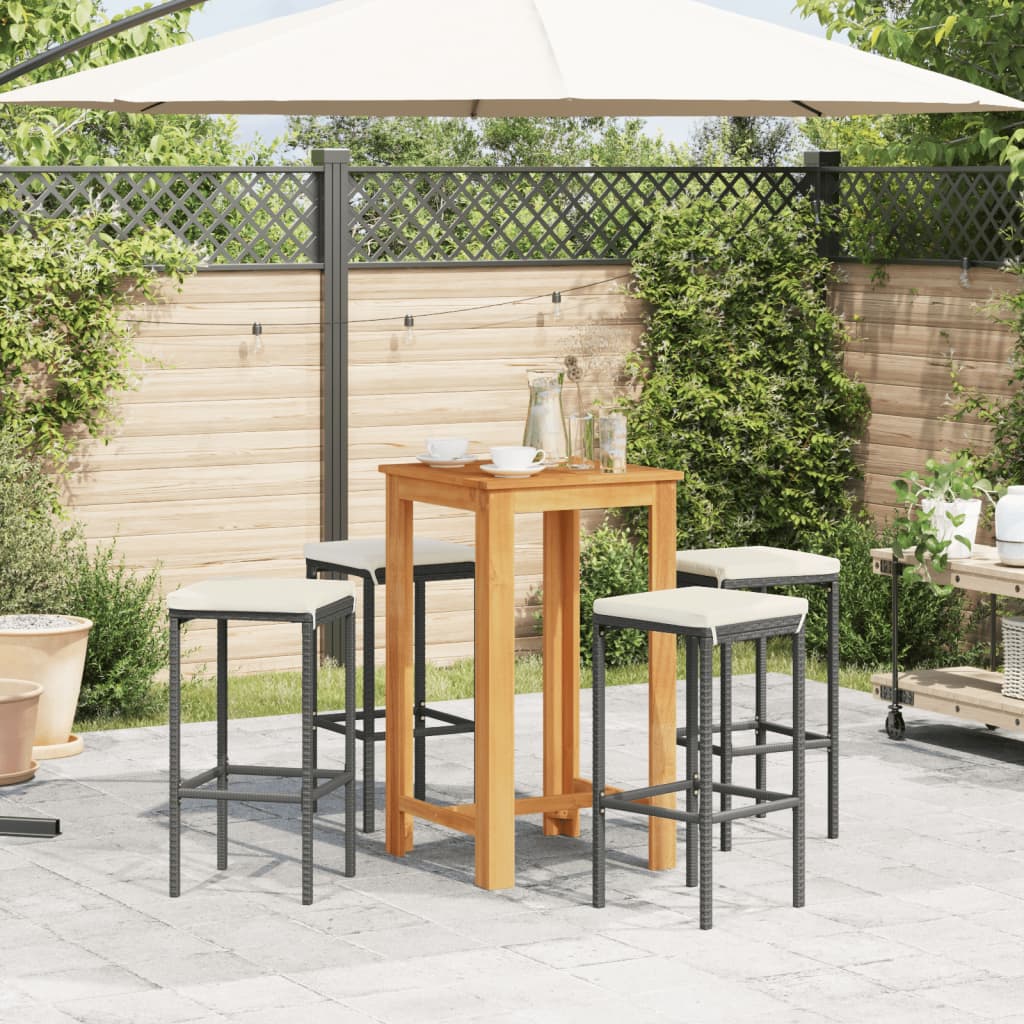 5 pcs conjunto de bar para jardim vime PE/acácia maciça preto