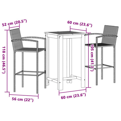 3 pcs conjunto de bar p/ jardim acácia maciça/vime PE castanho