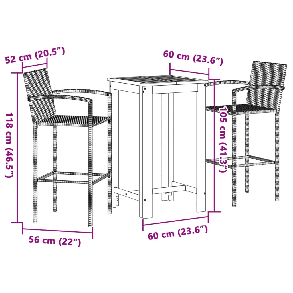 3 pcs conjunto de bar para jardim acácia maciça/vime PE preto