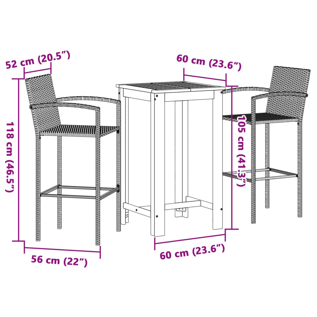 3 pcs conjunto de bar p/ jardim acácia maciça/vime PE cinzento