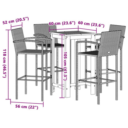 5 pcs conjunto de bar p/ jardim acácia maciça/vime PE castanho