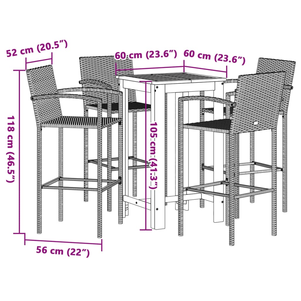 5 pcs conjunto de bar para jardim vime PE/acácia maciça preto