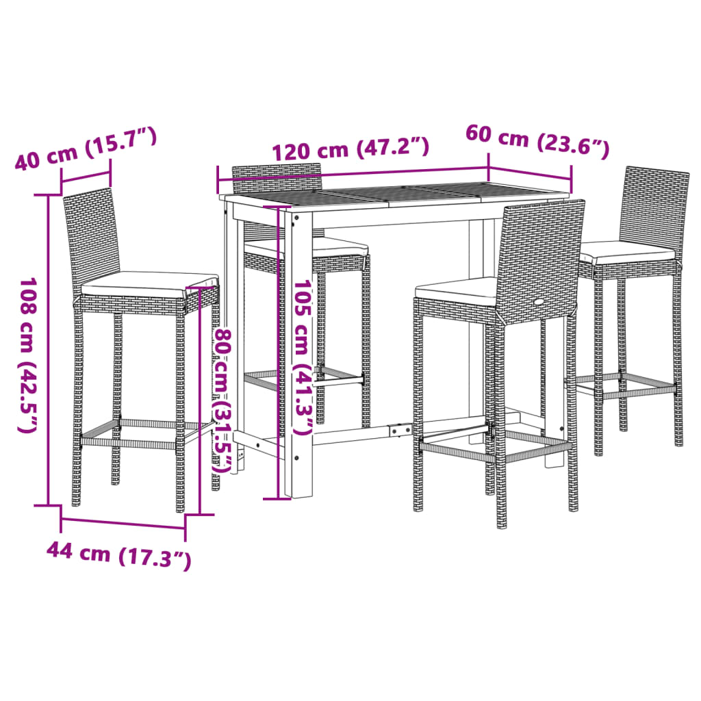 5 pcs conjunto de bar para jardim vime PE/acácia maciça preto