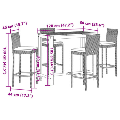 5 pcs conjunto de bar para jardim vime PE/acácia maciça preto