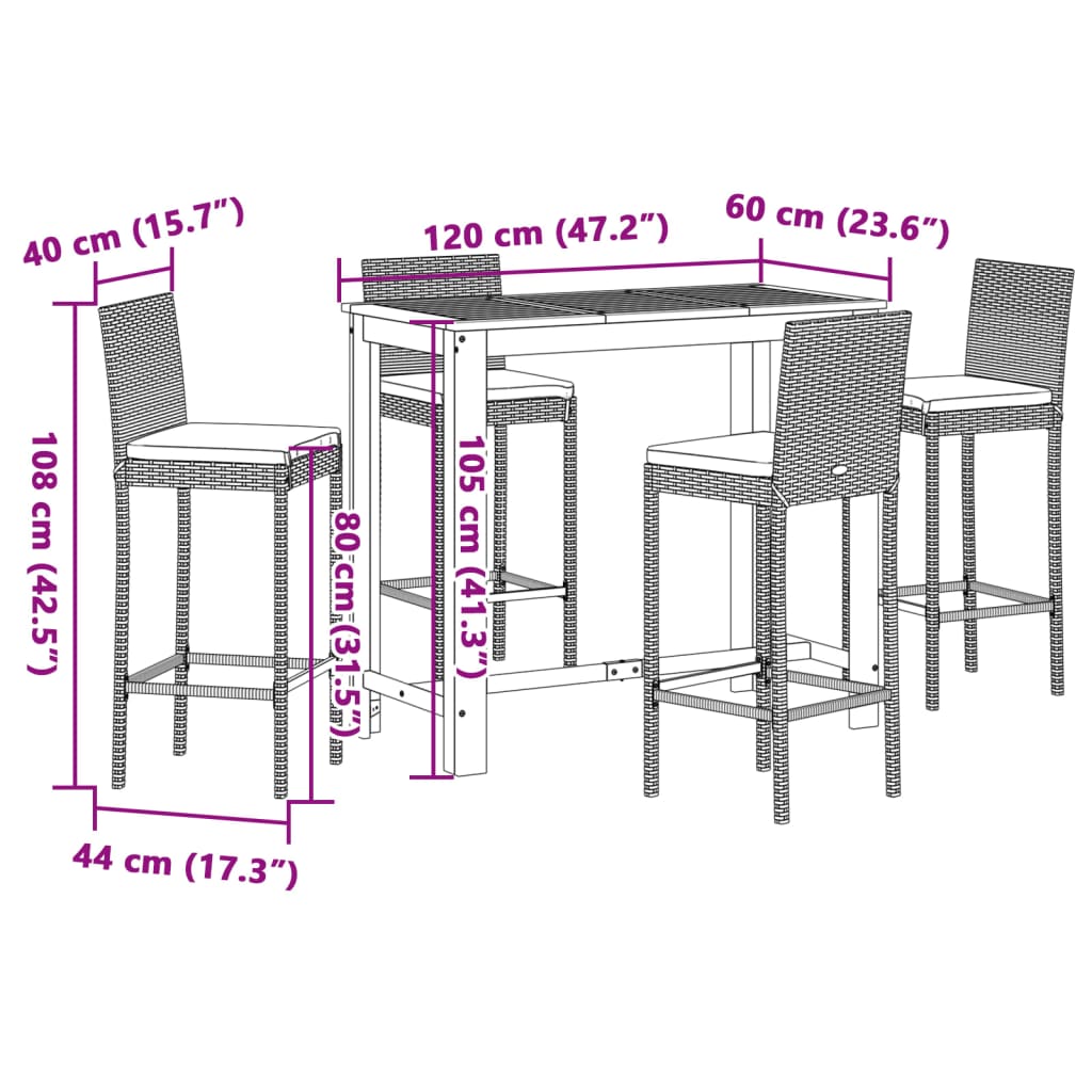 5 pcs conjunto de bar p/ jardim acácia maciça/vime PE cinzento