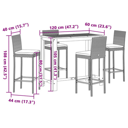 5 pcs conjunto de bar p/ jardim acácia maciça/vime PE cinzento