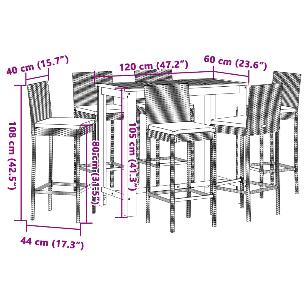 7 pcs conjunto de bar para jardim vime PE/acácia maciça preto