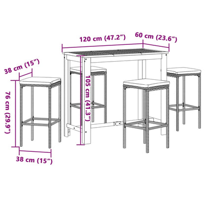 5 pcs conjunto de bar para jardim vime PE/acácia maciça preto