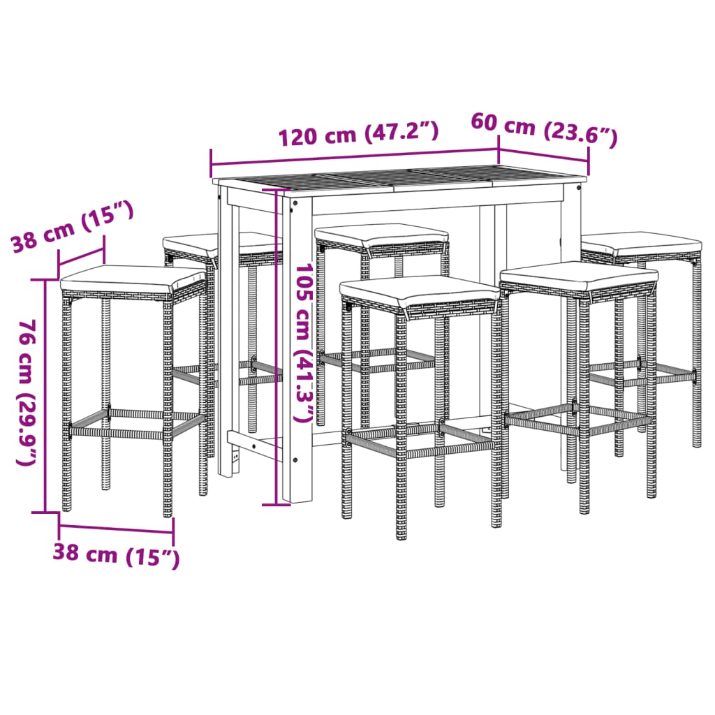 7 pcs conjunto de bar para jardim vime PE/acácia maciça preto