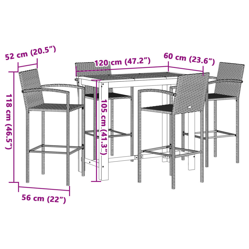 5 pcs conjunto de bar p/ jardim acácia maciça/vime PE castanho