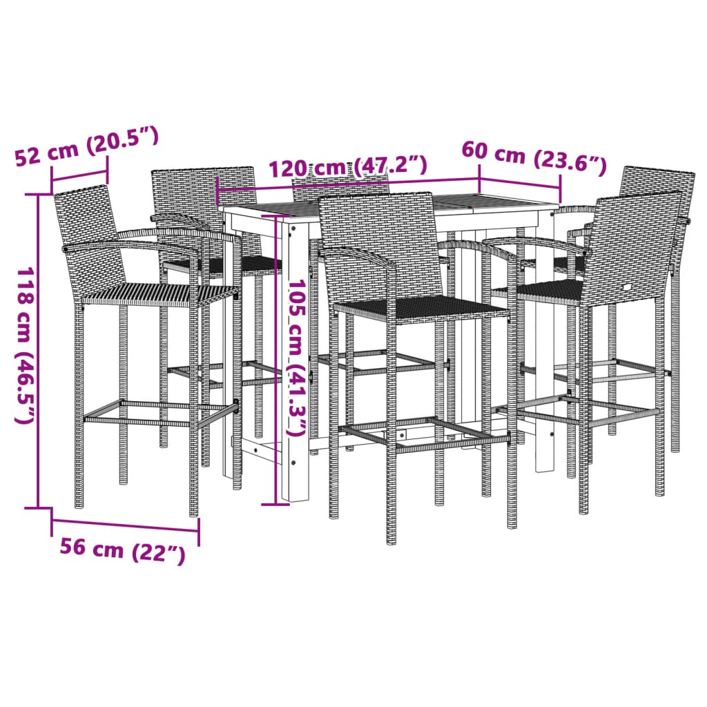 7 pcs conjunto de bar p/ jardim acácia maciça/vime PE castanho