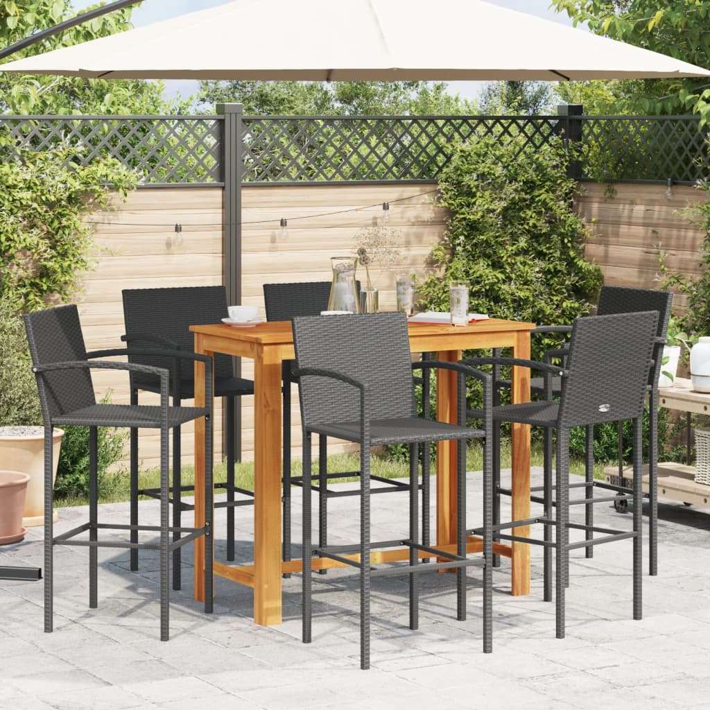 7 pcs conjunto de bar para jardim vime PE/acácia maciça preto