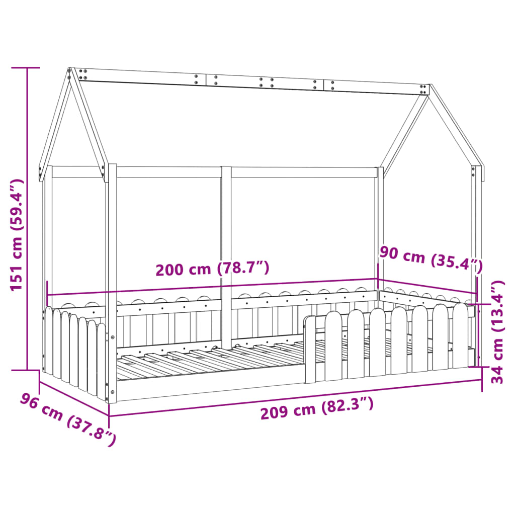 Cama infantil formato de casa 90x200 cm pinho maciço branco