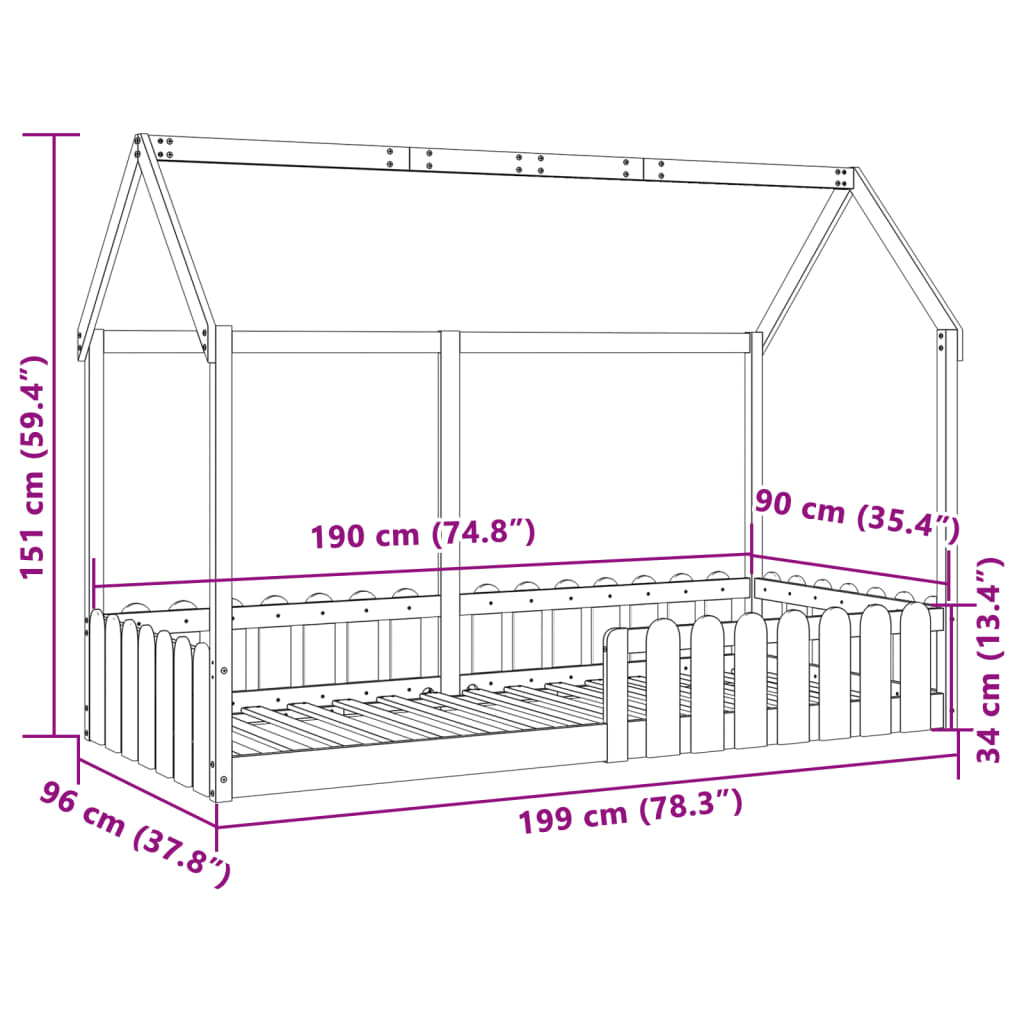 Cama infantil formato de casa 90x190 cm pinho maciço branco