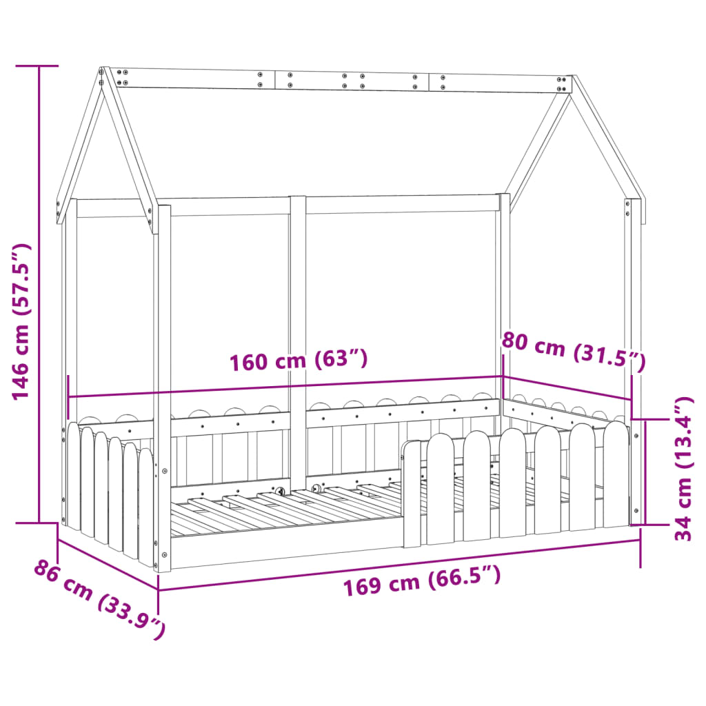 Cama infantil formato casa 80x160 cm madeira de pinho maciça