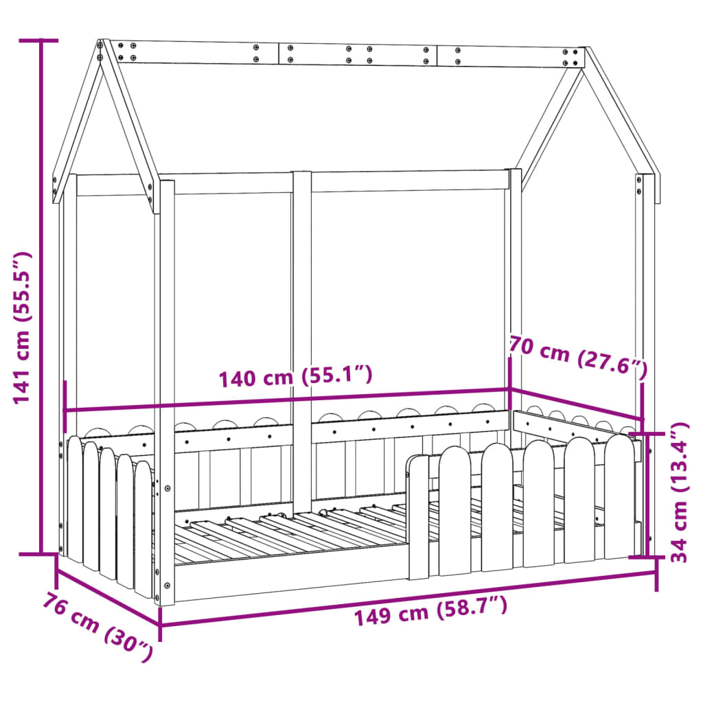 Cama infantil formato casa 70x140 cm pinho maciço castanho-mel