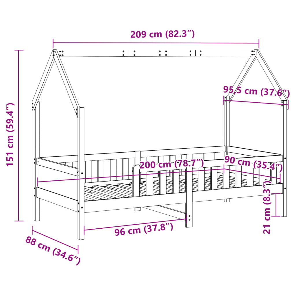 Estrutura de cama infantil formato casa 90x200 cm pinho maciço