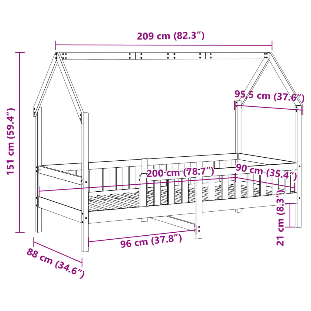 Cama infantil formato de casa 90x200 cm pinho maciço branco