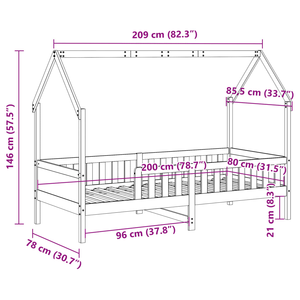 Cama infantil formato casa 80x200 cm madeira de pinho maciça