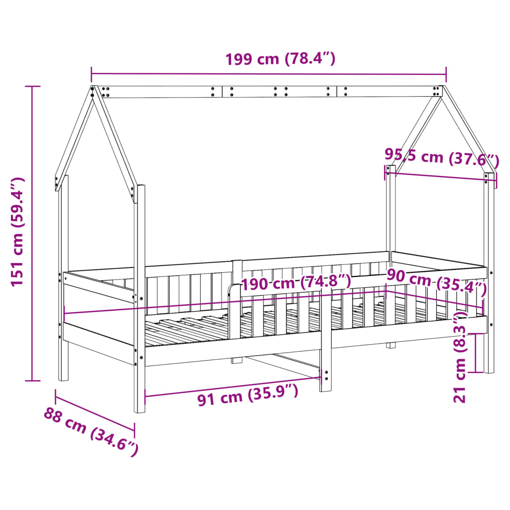 Cama infantil formato de casa 90x190 cm pinho maciço branco